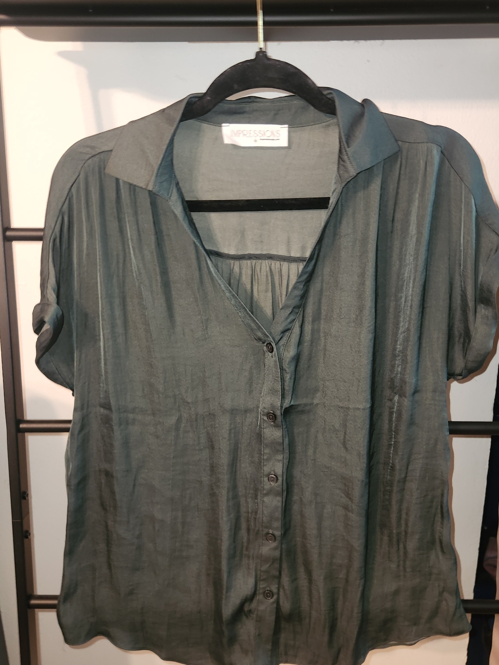 Impressions Teal-Green Button-Front Short Sleeve Blouse